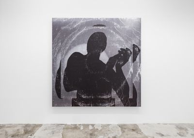 Arthur Jafa, Black Man (2024). Plywood, aluminium, mirrored mylar print, wood veneer. 203.2 x 205.74 cm. Exhibition view: Arthur Jafa, Part 1, Champ Lacombe, Biarritz (20 July–5 September 2024).