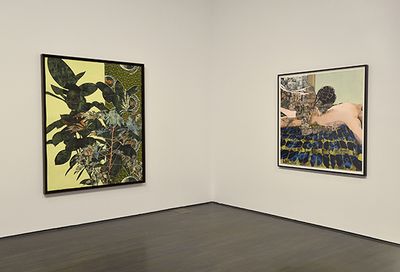 Exhibition view, La Biennale de Montreal 2016 at the Museum of Contemporary Art Montreal featuring works by Njideka Akunyili Crosby, photo by Daniel Roussel,