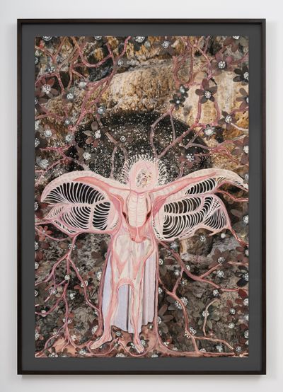 Wangechi Mutu, Subterranea Holy Cow (2022). Ink, emulsion paint, and watercolour paper on photographic print. 184.8 x 121.6 cm. Private collection, San Francisco.
