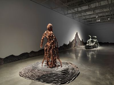 Left to right: Wangechi Mutu, For Whom the Bell Tolls (2019); In Two Canoe (2022). Exhibition view: Intertwined, New Museum, New York (2 March–4 June 2023).