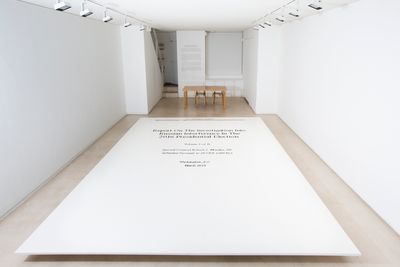 Ai Weiwei, The Cover Page of The Mueller Report, Submitted to Attorney General William Barr by Robert Mueller on March 22, 2019 (2019). Installation view, Cahiers d'Art. Photo: Gaetane Girard.