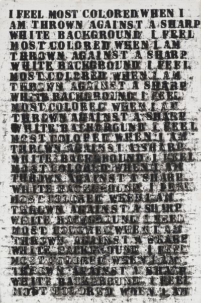 Glenn Ligon, Untitled (study for large untitled (I Feel Most Colored When I Am Thrown Against A Sharp White Background)), (1990). Shiva brand ivory black oilstick on canvas