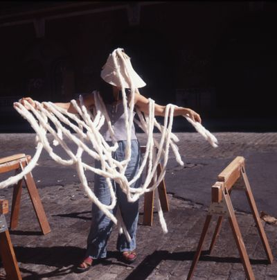 Cecilia Vicuña, Cloud Net (1999). Site-specific installation with unspun wool.