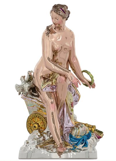 Jeff Koons, Venus (render) (2016–2020). Mirror-polished stainless steel with transparent colour coating. 254.0 x 144.5 x 158.4 cm.