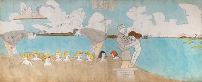 Henry Darger, At Jennie Richee For refusing to tell they are buried up to their waists, At Cedernine They are treacherously attacked by Glandellinian soldiers (1930-50).