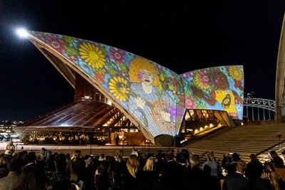 Kaylene Whiskey's Dolly visits Indulkana (2020), illuminates the Sydney Opera House on April 22, 2021. Photo by Brook Mitchell/Getty Images for Art Gallery of NSW.