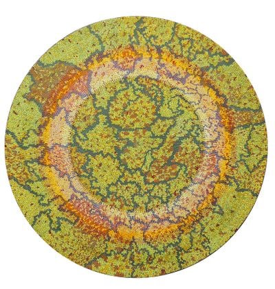 Bharti Kher, Algorithm for clarity (2019). Bindis on painted board. 192.1 cm diameter.