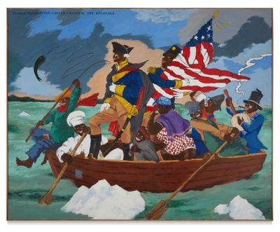 Robert Colescott, George Washington Carver Crossing the Delaware: Page from an American History Textbook (1975). Acrylic on canvas.