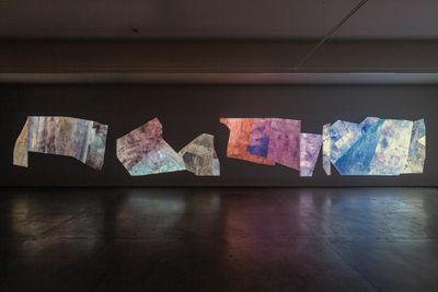 Sonya Lacey, Newspaper (for bathers, weekend) (installation view), 2018, four-channel HD video, colour, silent, The Dowse Art Museum, 2019. Photo: John Lake.