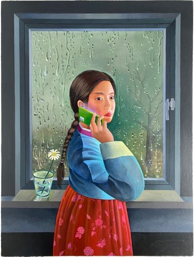 Sally J. Han, A Call (2021). Acrylic paint on paper mounted on wood panel, 30 x 40 in.