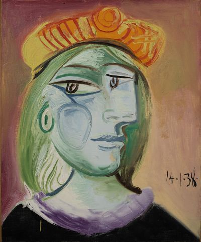 Pablo Picasso, Femme au béret rouge-orange (1938). Oil and rippolin on canvas.