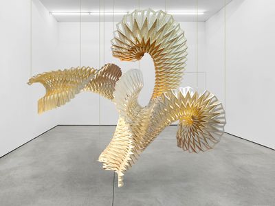 Ankon Mitra, Mastishk Vriksha (The Brain is a Tree) (2021). Dupont Tyvek, cut and hand folded, acrylic and wood back, LED lights. 8 x 8 x 2 feet.