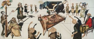Benny Andrews, Circle (Bicentennial Series) (1973). Oil on 12 linen canvases with painted fabric and mixed media collage. 120 x 288 inches / 304.8 x 731.5 cm. Copyright Benny Andrews Estate.