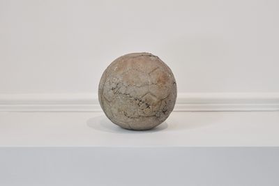 Sarah Lucas, World Cup Again (2002). Private collection. Installation view, BALLS at OOF Gallery. Photo by Tom Carter.