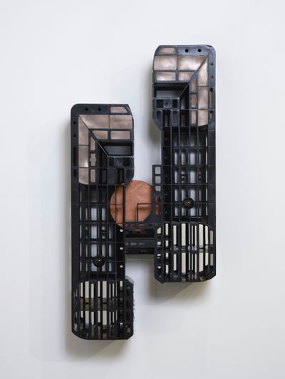 Leelee Chan, Circuit (New Moon) (2021). Found plastic pallet, copper plate gifted by Filipino D'Aloise, gold sheen obsidian, bronze powder, stainless steel mirror, metal hardware.