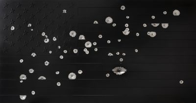 Maurizio Cattelan Night (2021). Stainless steel, black paint, bullet holes. 140 × 244 × 4 cm Photos by: Zeno Zotti.