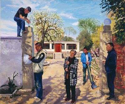 Liu Xiaodong, Changing a Lamp (2021). Oil on canvas. 250 x 300 cm.