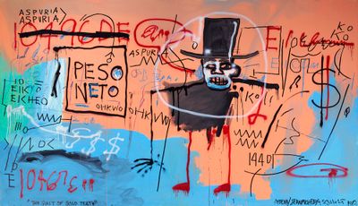Jean-Michel Basquiat, The Guilt of Gold Teeth (1982). Acrylic, spray paint and oilstick on canvas. 240 x 421.3 cm. Sold for $40,000,000 in 21st Century Evening Sale on 9 November 2021 at Christie's in New York.