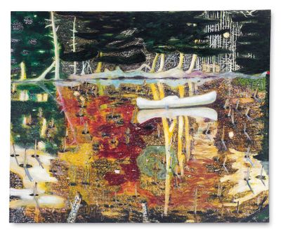 Peter Doig, Swamped (1990). Oil on canvas. 197 x 241 cm. Sold for $39,862,500 in 21st Century Evening Sale on 9 November 2021 at Christie's in New York.