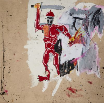 Jean-Michel Basquiat's Untitled (Red Warrior) (1982). Acrylic and oil stick on linen. 195.6 by 198 cm.