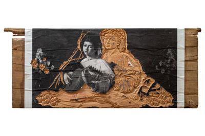 Zhang Huan, My Winter Palace No.14 (2019). Silk-screen mounted on carved antique wood door.