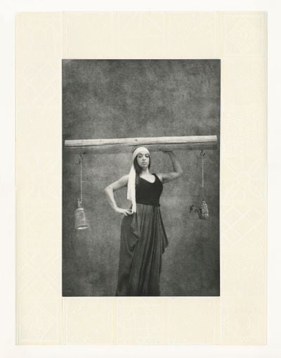 Sama Alshaibi, Justice (2019). Photogravure blind embossing with transparent ink relief rolled on rag paper. 63.5 x 50.8 cm.