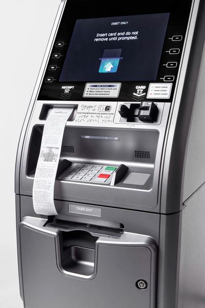 MSCHF. ATM Leaderboard (2022). ATM (Hyosung Nautilus MX2800 SE), Steel, Foam, Digital display, Camera, Software. 209.6 x 41.9 x 59.1 cm. Photographer: Pauline Shapiro.