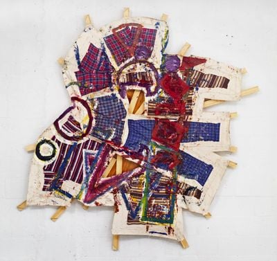 Mike Cloud, Purple Circle Geometric Quilt (2007). Oil and clothes on canvas with stretcher bars. 104 x 101 inches.