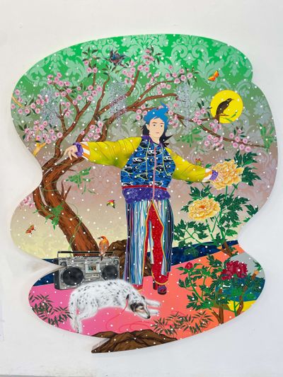 Tomokazu Matsuyama, Down Loader Ghost Song (2022). Acrylic and mixed media on canvas. 155 x 187 cm.