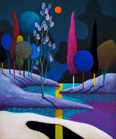Nicolas Party, Blue Sunset (2018). Pastel on linen. 180 x 150.2 cm.