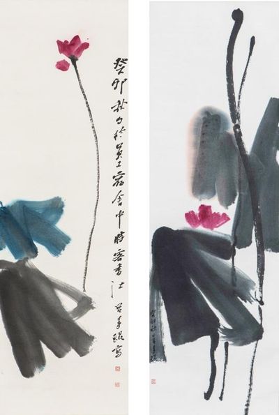 Lui Shou-Kwan, Lotus (1963). Chinese ink and colour on rice paper. 94 x 30 cm. Red Lotus (1963). Chinese ink and colour on rice paper. 94 x 30cm.