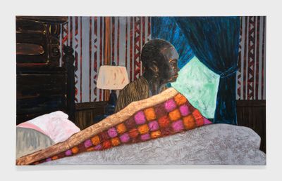 Collin Sekajugo, Stock Image 25-Groundhog Day Bedroom Scene (2021-2022). Acrylic, barkcloth, and mixed media on canvas. 120 x 200 x 2.5 centimetres. Photo: Dawn Blackman. © Collin Sekajugo;