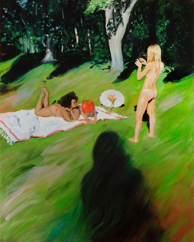 Jenna Gribbon, Me, a lurker (2020). Oil on linen. 152.40 x 121.92 cm.