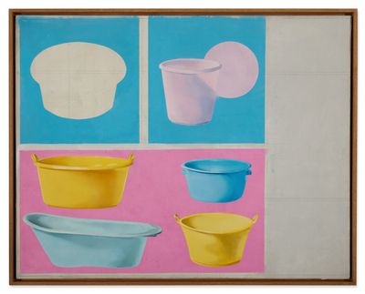 Sigmar Polke, Plastik-Wannen (Plastic Tubs) (1964). Oil on canvas, 95 × 120 cm.