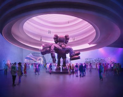 Render of winning concept design for NGV Contemporary by Angelo Candalepas and Associates, arrival gallery and central spherical hall at dusk. Artwork Centre: KAWS, Gone 2019. Commissioned by the National Gallery of Victoria, 2020. Left: Reko Rennie (Kamilaroi born 1974), i) OA WARRIOR I (blue) 2020 ii) OA WARRIOR II (pink) 2020. Purchased, Victorian Foundation for Living Australian Artists, 2020. Right: Pae White, Spearmint to peppermint