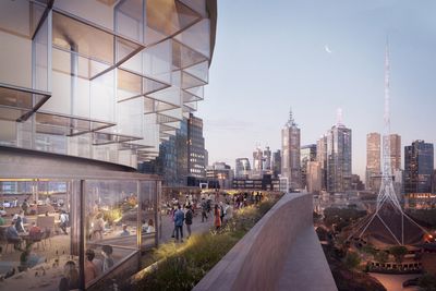 Aerial render of winning concept design for NGV Contemporary by Angelo Candalepas and Associates, rooftop terrace and restaurant at dusk. Render by Darcstudio.