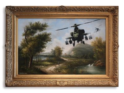 Banksy, Vandalised Oil (Choppers) (2006). Oil and spray paint on canvas.  94 by 61 cm.