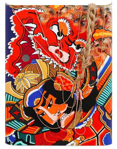 Claire Healy and Sean Cordeiro, Raiko and Shuten-dōji (2022). Acrylic gouache, jute and tape on helicopter shell. 159.5 x 120cm. © the artist, image © AGNSW, Mim Stirling.