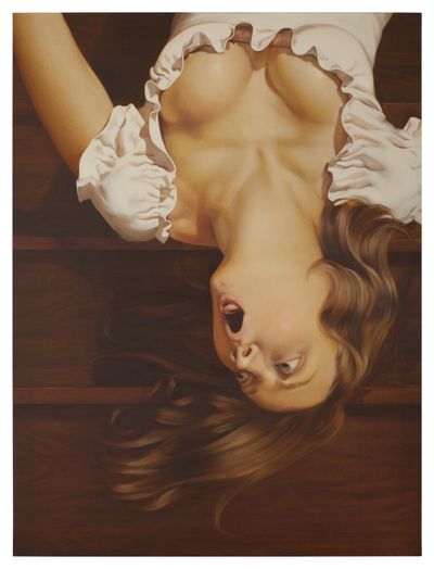 Anna Weyant, Falling Woman (2020). Oil on canvas. 48 by 36 in. 121.9 by 91.4 cm.