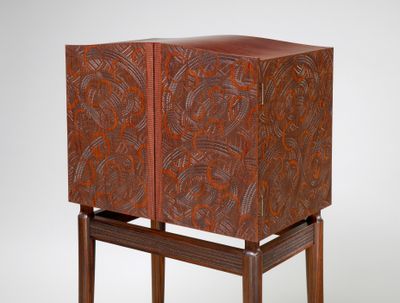 Kristina Madsen, Cabinet On Stand (2011). Cabinet: bubinga, gesso / Base: Indonesian rosewood. 47 x 22 x 14 inches.