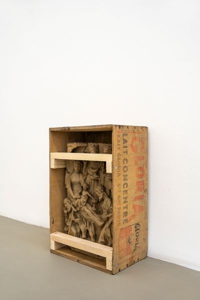 Danh Vo, untitled (2021). 15th century English alabaster relief of 'The adoration of the magi' and Gloria Lait wooden crate 46.5 x 32.5 x 26cm.