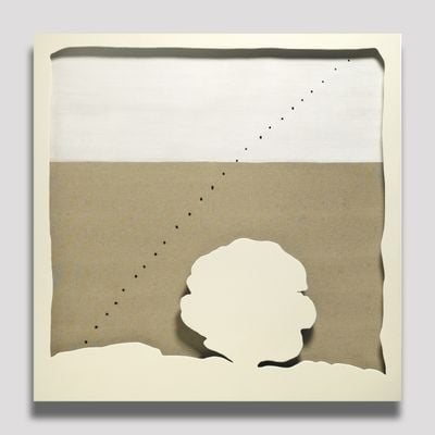 Lucio Fontana, Concetto Spaziale: [teatrino] 65 te 4 (1965). Waterpaint on canvas and lacquered wood. 130 x 130 cm.