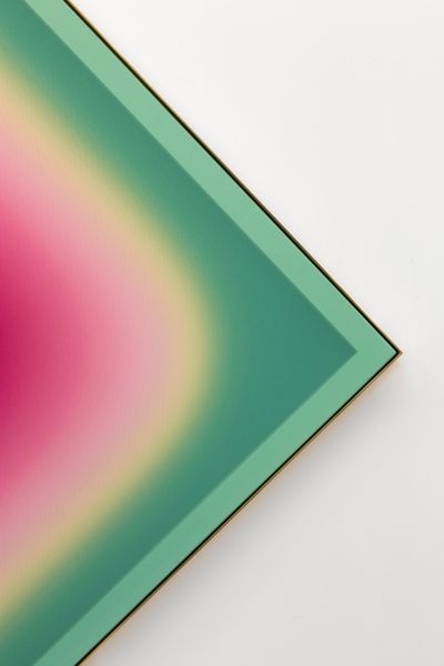 Jonny Niesche, Atoms Encode in Pantone (2022) (detail). Voile, powder coated aluminium, mirror polished brass. 249 x 249 x 3.20 cm.