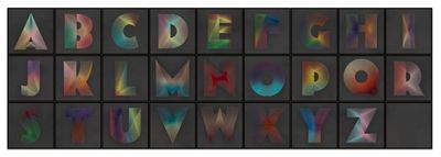 Pae White, MOTHERFLOCKER UPPERCASE GREY to ZED (2018). Screen print, multi-colour flocking, 27-part installation. 60 x 60 x 0.6 cm each. © Pae White / STPI. Photo