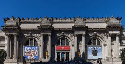 Installation view of The Facade Commission: Hew Locke, Gilt, 2022, The Metropolitan Museum of Art.