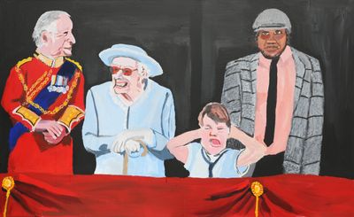 Vincent Namatjira, The Royal Tour (Jubilee Balcony) (2022). Acrylic on linen. 122 x 198 cm.