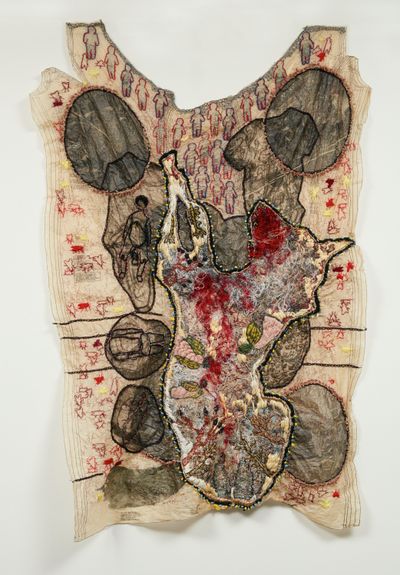 Mehwish Iqbal, Interior Body (wolf embroidery) (2022). Silk screen, collagraph, etching and embroidery. 84 x 124 cm.