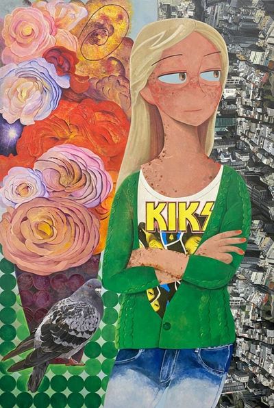 Koichi Enomoto, She stands like flowers, as flowers (2023). Oil on canvas 145.5 x 97.5 cm.