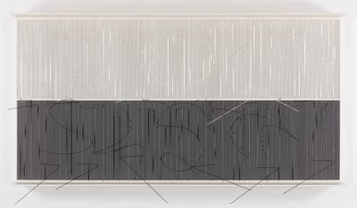Jesús Rafael Soto, Doble escritura negro abajo (1977). Painting on wood and metal, nylon string, 102h x 200w x 20d cm. © Jesús R. Soto/ADAGP, París 2023.