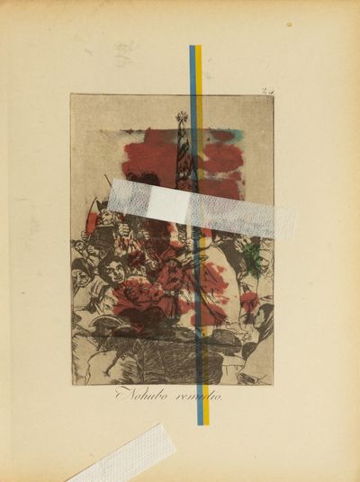 Daniel Spivakov, for Ukraine (over Goya) #15 (2022). Plaster, multiple inkjet print on monograph page. 31.5 x 23.5 cm.